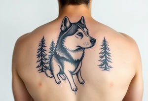 Majestic Siberian husky in a snowy forest scene tattoo idea