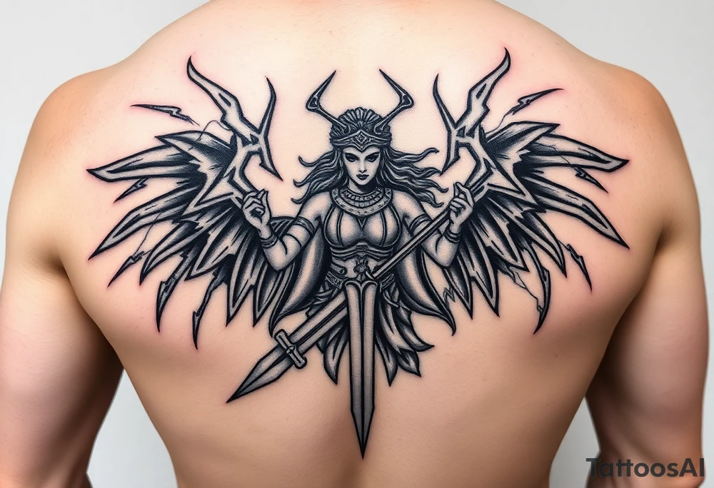 Greek goddess warrior with long dagger and realistic lighting bolts going around body Greek mythology style with dark shading tattoo idea