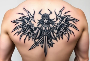 Greek goddess warrior with long dagger and realistic lighting bolts going around body Greek mythology style with dark shading tattoo idea