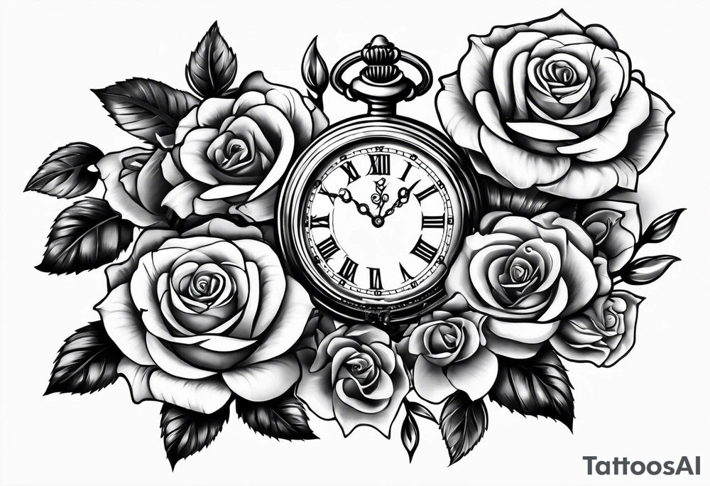 Pocket watch with chain and roses tattoo idea