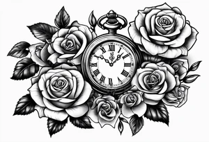 Pocket watch with chain and roses tattoo idea