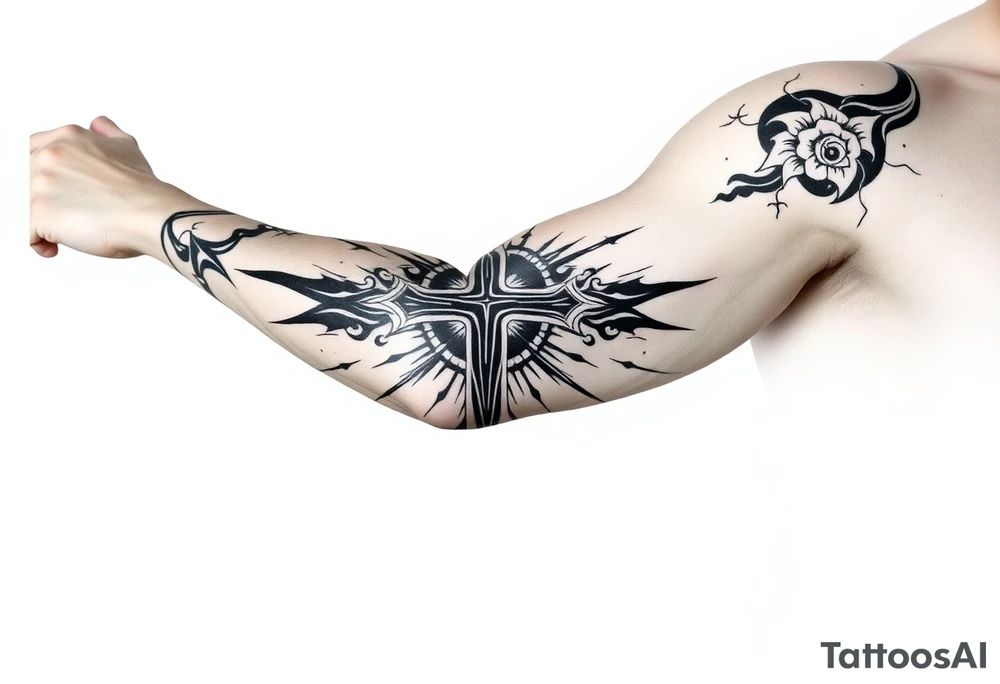 Half sleeve. powerful, cloud, cross, sun rays tattoo idea