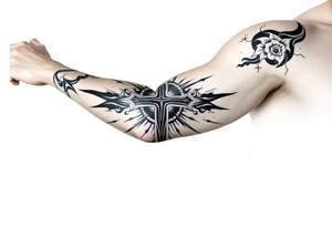 Half sleeve. powerful, cloud, cross, sun rays tattoo idea