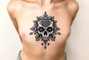 Stunning underboob tattoo with lace and elegant mandala skull tattoo idea