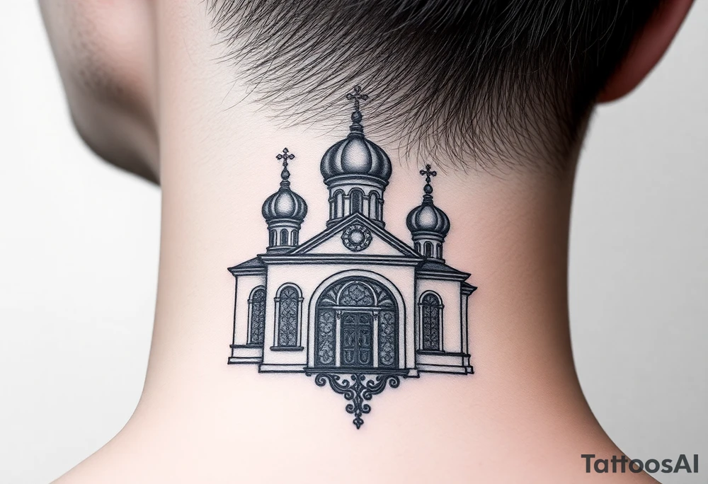 medium sized Russian orthodox church with bulb domes with a prominent russian orthodox mosaic tattoo idea