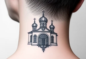 medium sized Russian orthodox church with bulb domes with a prominent russian orthodox mosaic tattoo idea