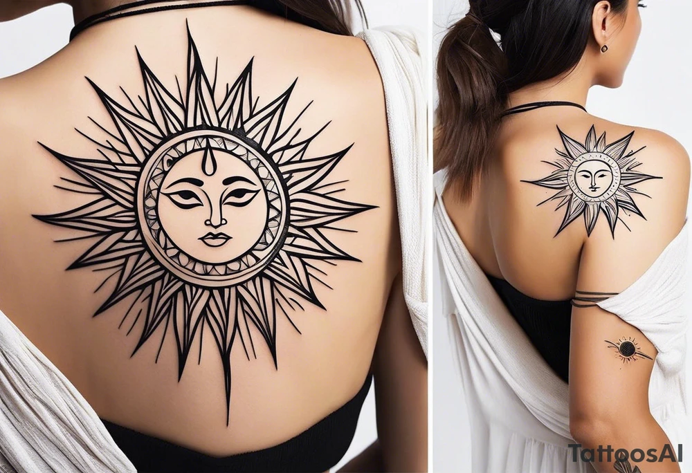 a mixture of minimalist/fine line/tribal/abstract
 tattoo design that is mainly minimalist with fine lines. unique Design of the sun that resembles a connection to the sun. It further resembles the sun's energy. Make it simple to draw and focus on the rays of sunshine
unique shape
simple design
more abstract tattoo idea