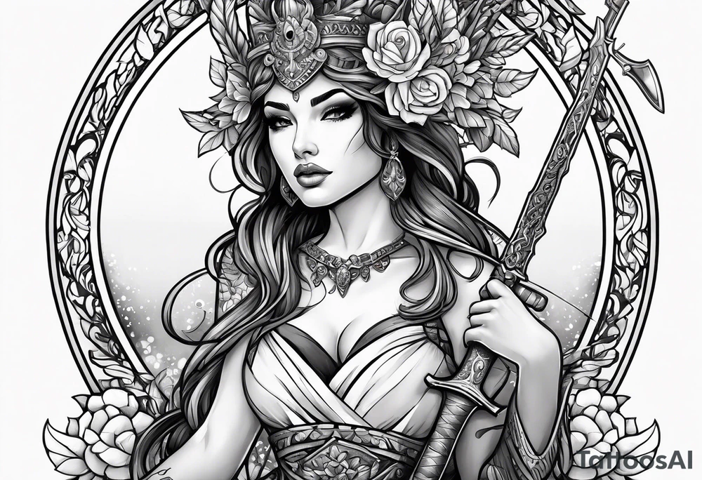 A feminine mythical creature holding a weapon tattoo idea