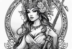 A feminine mythical creature holding a weapon tattoo idea