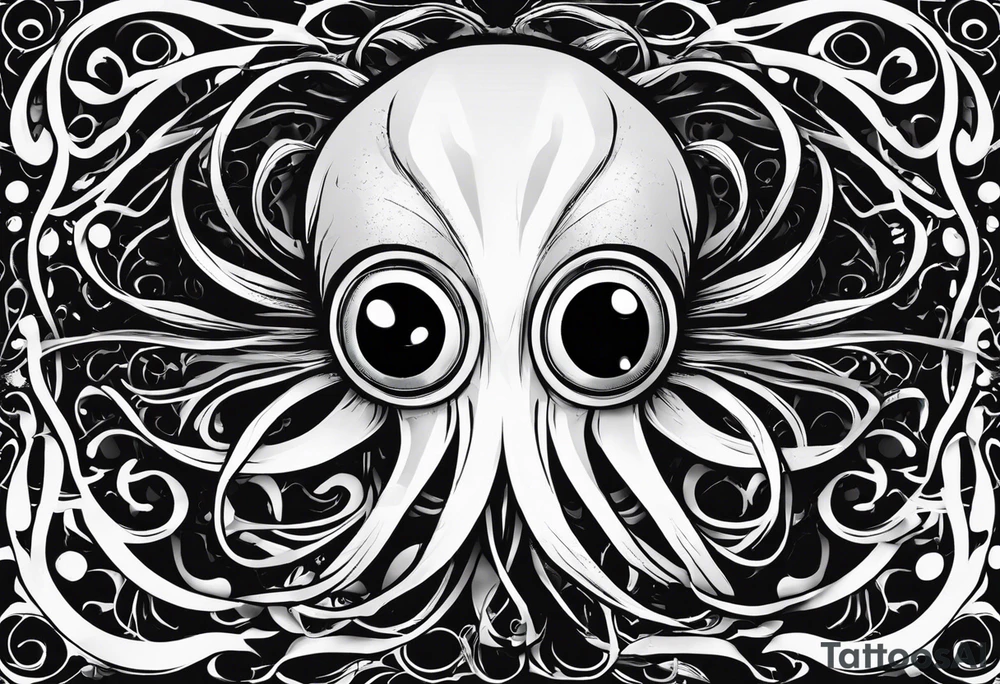 The equivalent of a horror and bizarre squid avatar. twisting and intersecting lines, making it look very wild and chaotic. The eyes of the squid are particularly prominent, one of them is white and the other is black, the overall expression is crazy and intense, with some distressed or damaged texture effects.

Able to change the color of the body and hide in the black sea tattoo idea