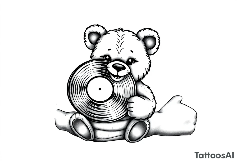 smiling cartoon teddy bear holding a vinyl record tattoo idea