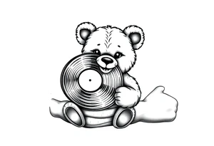 smiling cartoon teddy bear holding a vinyl record tattoo idea