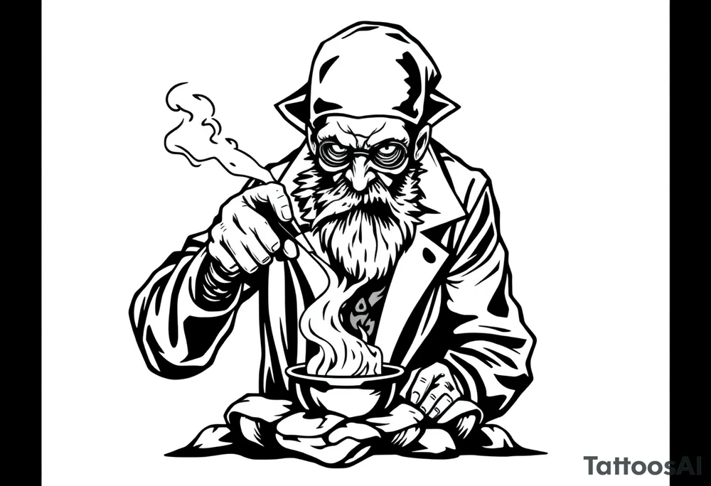 crazy mad scientist cooking up meth while smoking out of an oil burner tattoo idea