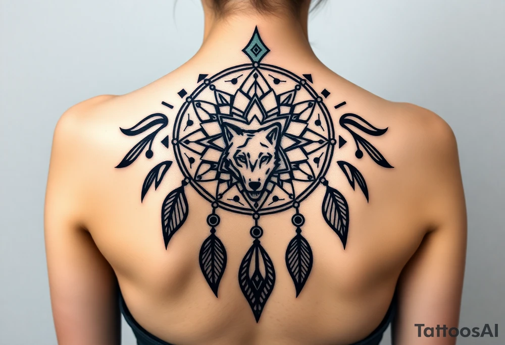 Dreamcatcher with zodiac symbols and protection runes caught in it with wolf teal tattoo idea