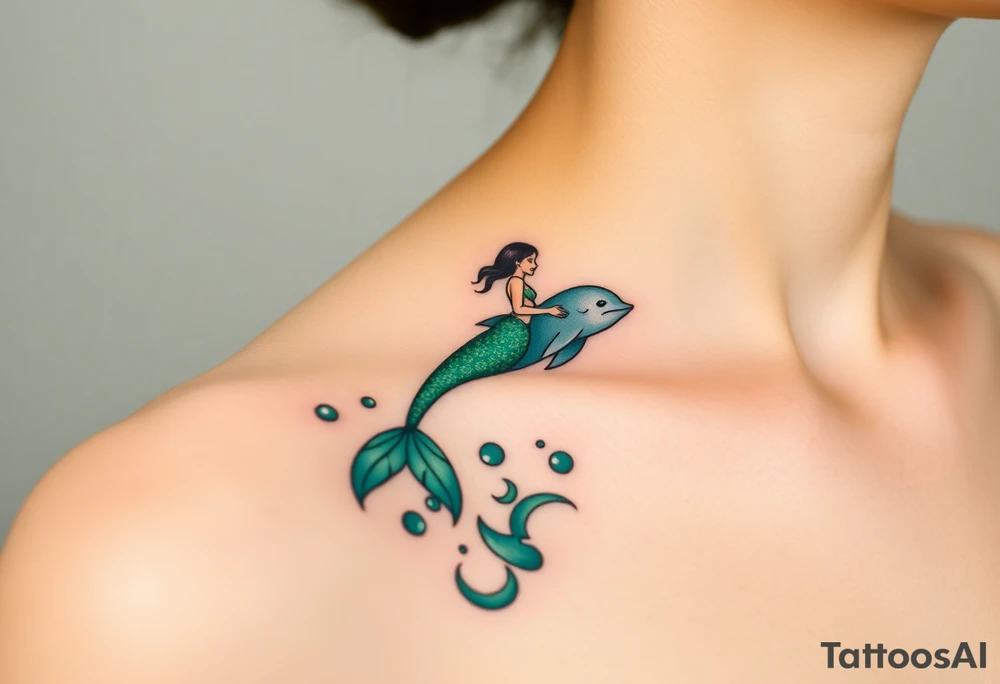 A mermaid riding a dolphin through an enchanted sea, blending deep emerald greens and luminous pearl whites tattoo idea