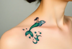 A mermaid riding a dolphin through an enchanted sea, blending deep emerald greens and luminous pearl whites tattoo idea