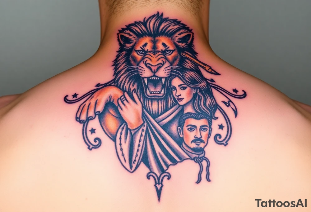 Roaring Leo lion holding virgo woman with robe and wavy hair, add Sagittarius female and Capricorn male below these tattoo idea