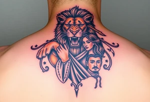 Roaring Leo lion holding virgo woman with robe and wavy hair, add Sagittarius female and Capricorn male below these tattoo idea