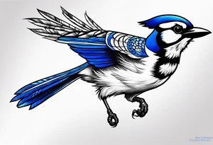 Strong blue jay bird in flight downwards tattoo idea