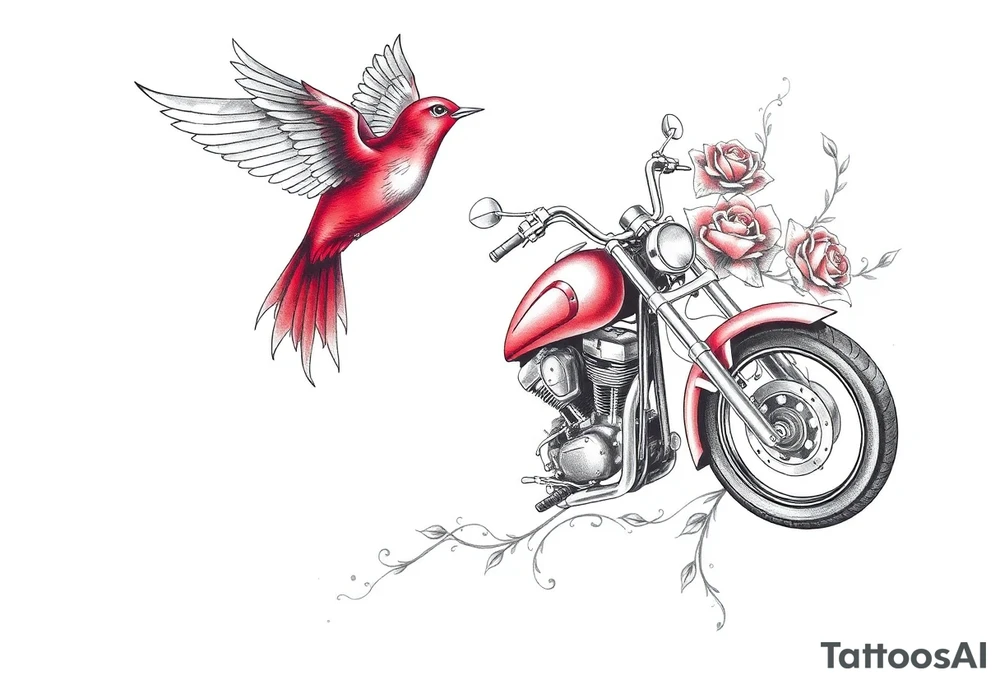 Motorcycle, red bird flying, roses and lace, flames tattoo idea