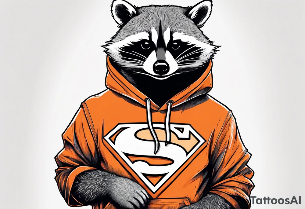 Raccoon wearing an orange Superman hoodie tattoo idea
