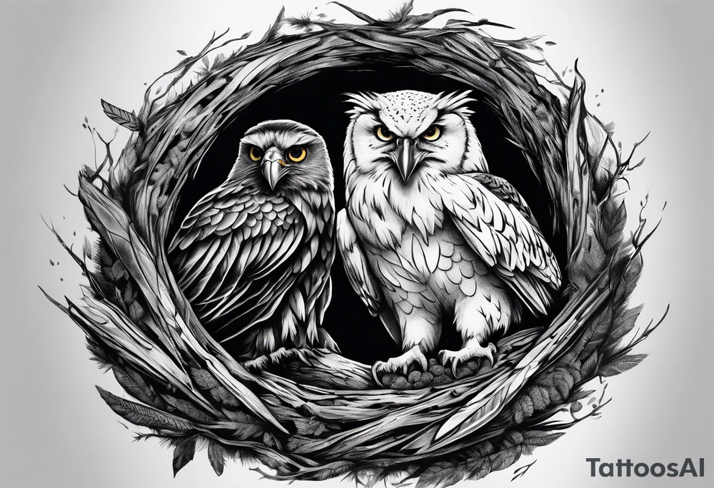 Owl, raven, eagle cuddled in a nest, looking down into the nest tattoo idea