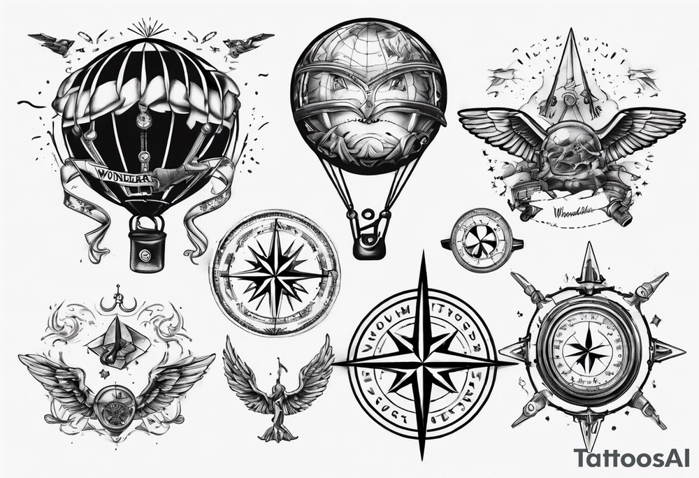 wonderlust with compass and skydiving and guns tattoo idea