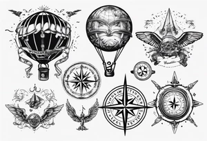 wonderlust with compass and skydiving and guns tattoo idea