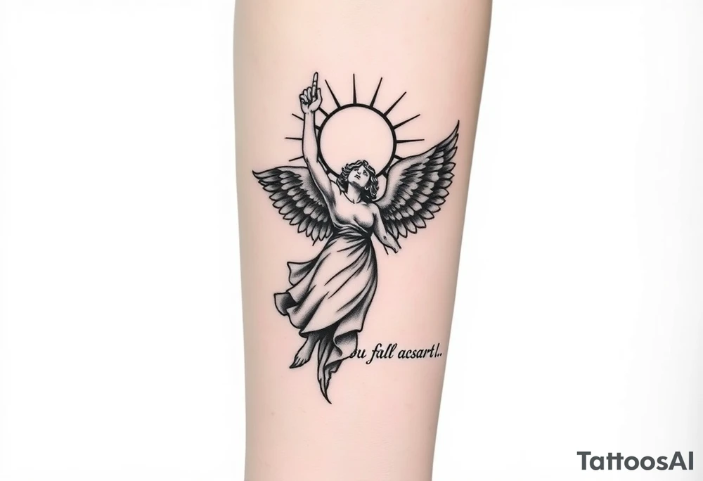 Angel falling with one hand pointed up towards a Greek like sun, with top left saying “you only fall” and the bottom right saying “to soar once again” with the font matching the majesty of the angel and sun. tattoo idea