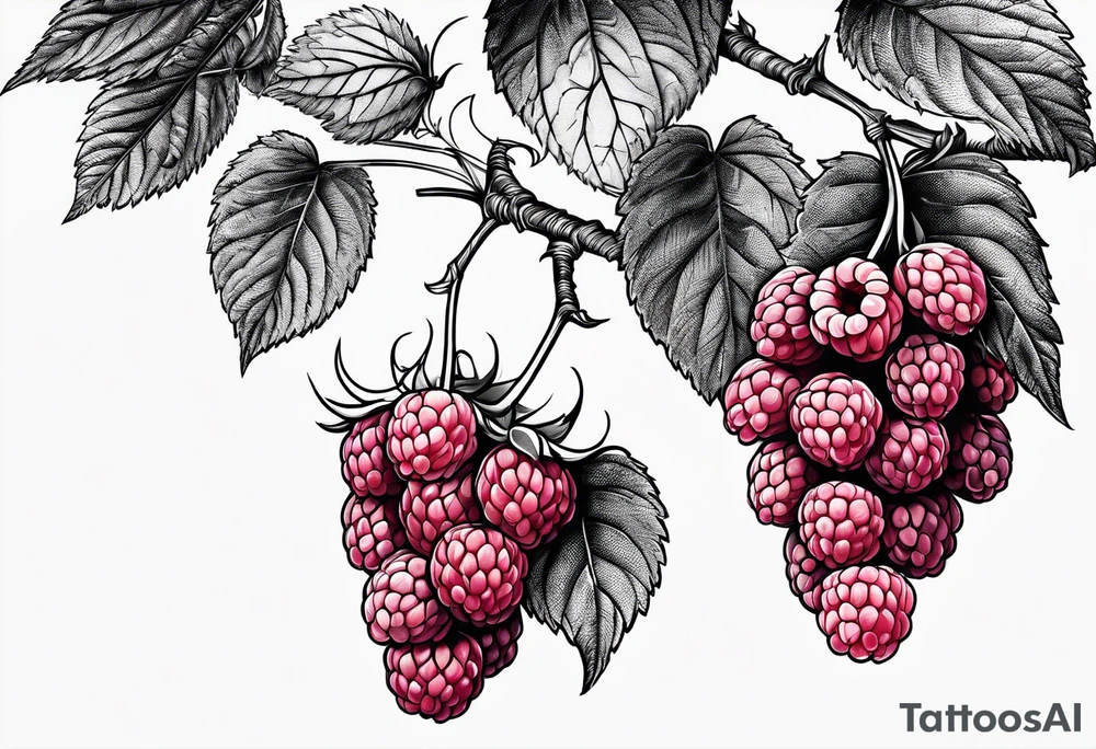 a single long raspberry branch with lots of leaves that is hanging upside down tattoo idea