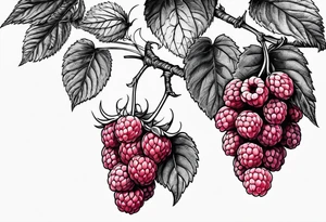 a single long raspberry branch with lots of leaves that is hanging upside down tattoo idea