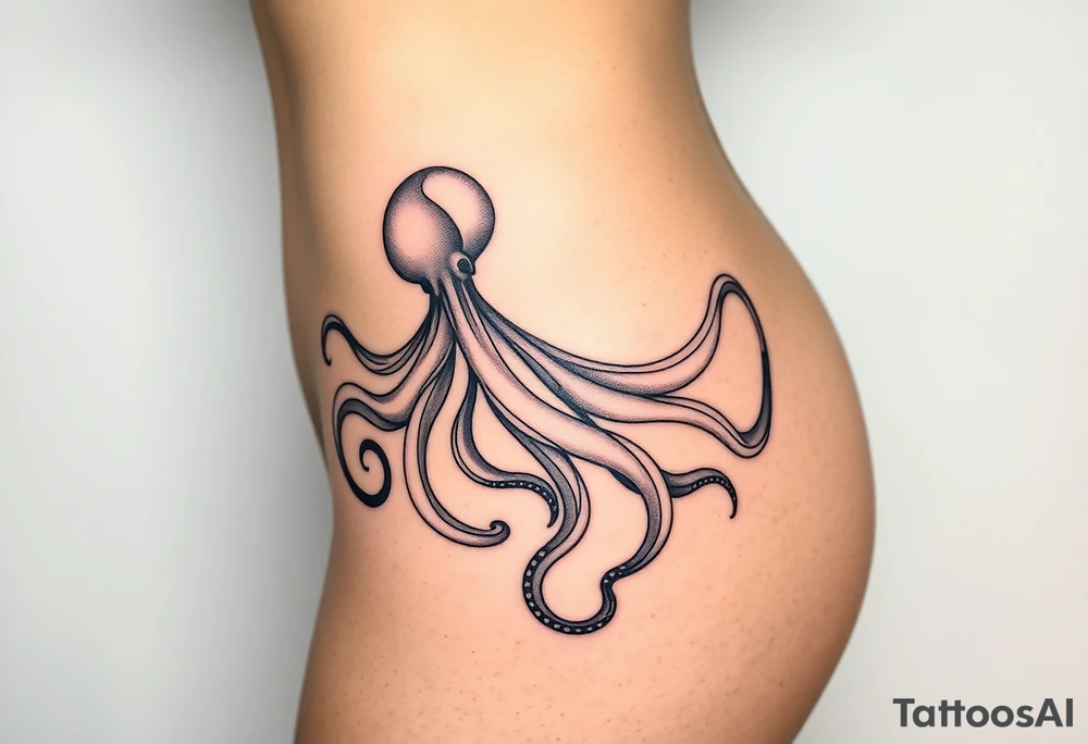 delicate lines, abstract linework, fine-line tattoo, minimal style, ribs to hip, flowing shape, organic curves, fluid motion, psychedelic, surreal, dreamy, liquid aesthetic, gasoline on water, oil slick effect, iridescent shimmer, soft distortion, melting edges, tentacle shapes, hidden octopus, octopus silhouette, morphing lines, subtle creature, hypnotic pattern, mirage-like, abstract animal form, visual illusion, ink floating in water, smoke-like swirls, graceful motion, dynamic flow, non-literal, elegant, modern, feminine, Balazs Bercsenyi inspired, Pis Saro style, black ink, no solid fill, transparent feeling, depth and layers, trippy fluidity, ghost-like anatomy, echo lines, nerve-like, airy composition, semi-transparent overlays, fractal inspiration, meditative design, inkblot symmetry, nature meets abstraction, vapor-like presence, fine contour work, shadowy tentacles, oil-pool texture tattoo idea