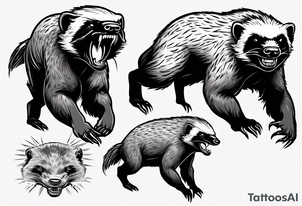 An angry, snarling, detailed honey badger painted on the entire back tattoo idea