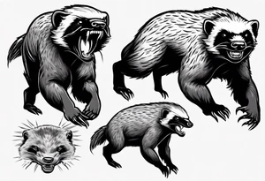 An angry, snarling, detailed honey badger painted on the entire back tattoo idea