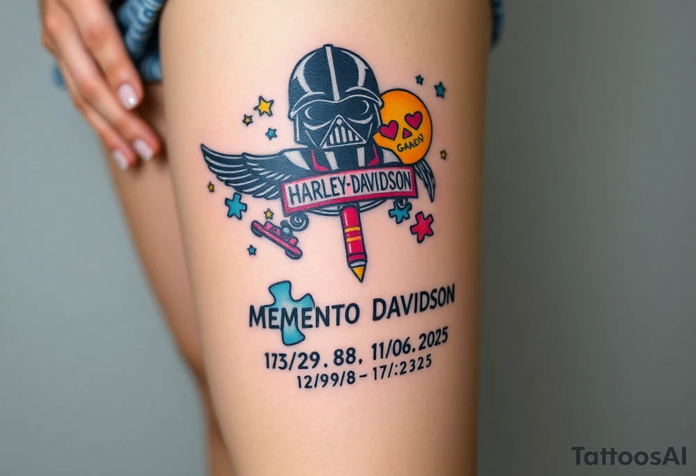 colorful futuristic memory tattoo for passed boyfriend;, star wars, Harley Davidson, skateboarding, puzzle pieces, video games, heaven, god, outdoors, 9mm bullet, words MEMENTO MORI & DARTH CARTER 12/29/88-01/06/2025 tattoo idea