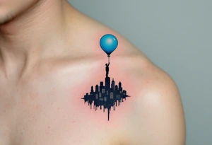 A balloon in sky blue lifting a tiny figure of a boy above a black silhouette of cityscape. tattoo idea