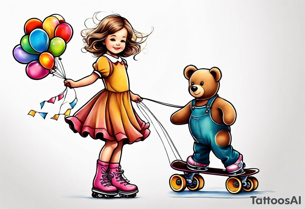 a little girl in a dress standing with a teddy bear in roller skates, flying a kite tattoo idea
