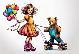 a little girl in a dress standing with a teddy bear in roller skates, flying a kite tattoo idea