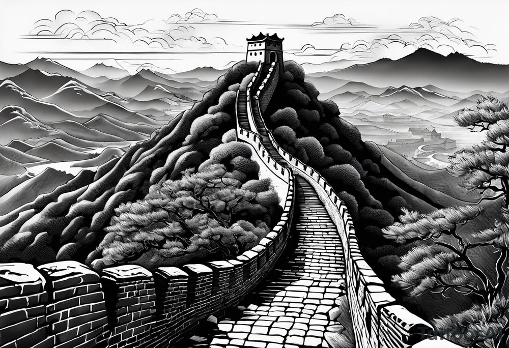 Great Chinese wall, realistic, art, gezeichnet, fine line tattoo idea