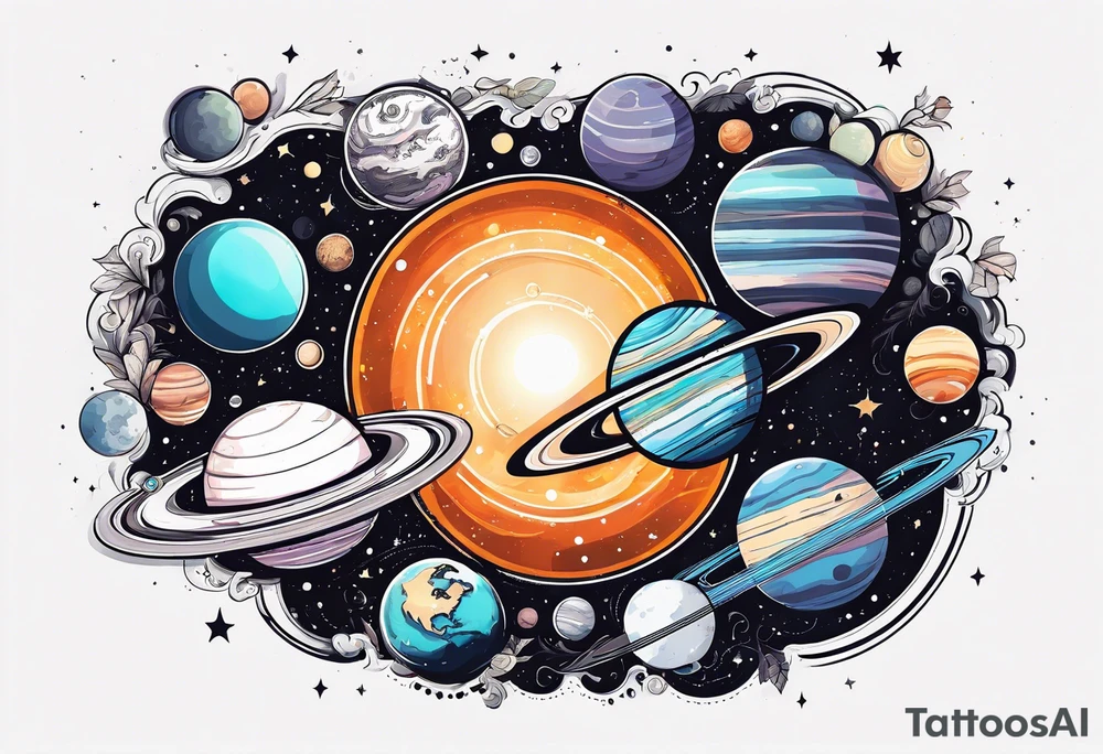 Solar system planet bouquet tattoo idea