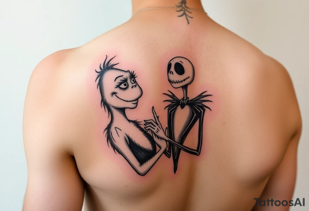 Spooky christmas arm tattoo with the grinch and jack skellington tattoo idea