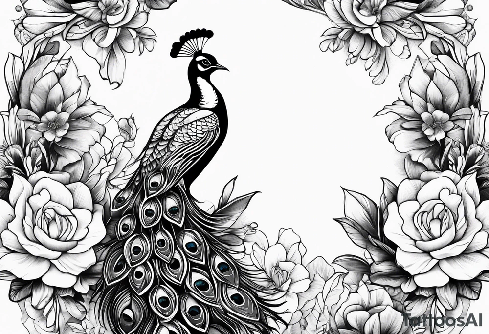 Peacock feather, butterfly, narcissus flower and hummingbird tattoo idea