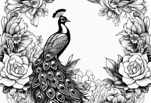 Peacock feather, butterfly, narcissus flower and hummingbird tattoo idea