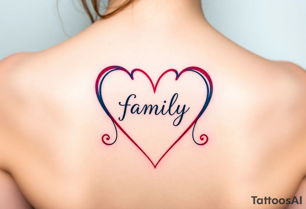 Colorful heart-shaped infinity loop endings, and the word "family" elegantly placed at the center in a soft script tattoo idea
