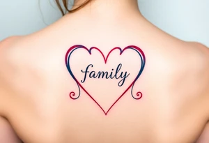 Colorful heart-shaped infinity loop endings, and the word "family" elegantly placed at the center in a soft script tattoo idea