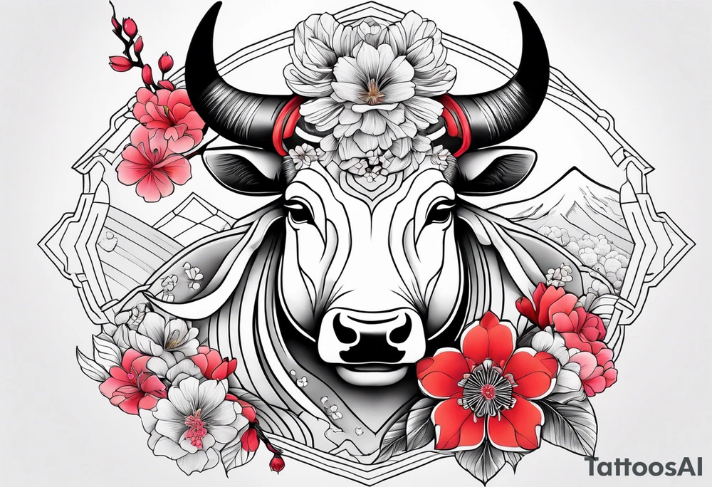 ox with sakura flowers and geisha tattoo idea
