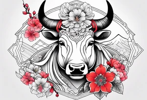 ox with sakura flowers and geisha tattoo idea