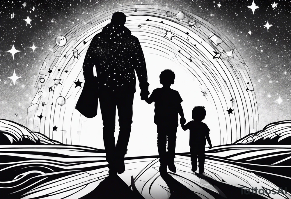 1 mom 1 dad and 1 little kid walking looking the stars tattoo idea