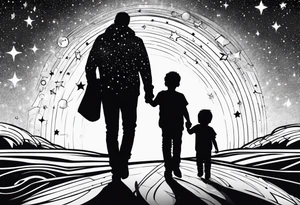 1 mom 1 dad  and 1 little kid walking looking the stars tattoo idea