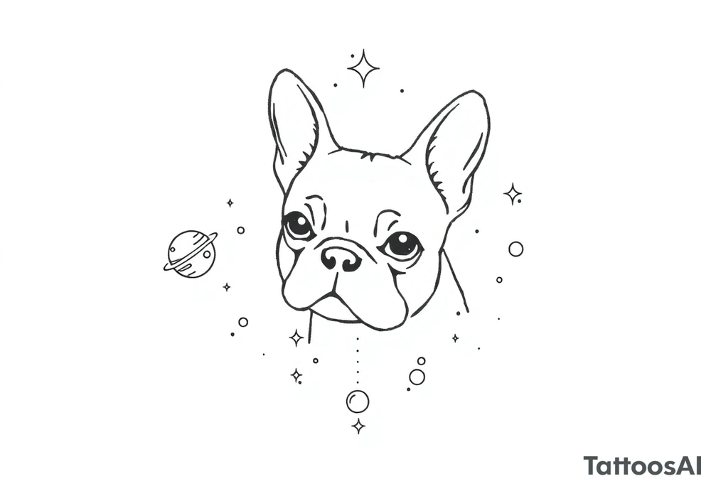 a space themed tattoo of my french bulldog mars. include elements in space like planets and stars. tattoo idea